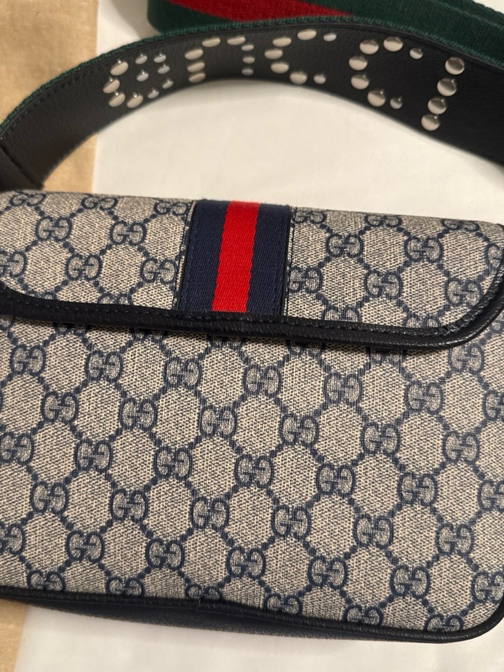 Navy blue shoulder bag Canvas Bag with Red & Green Stripe and additional strap - Picture 3 of 5